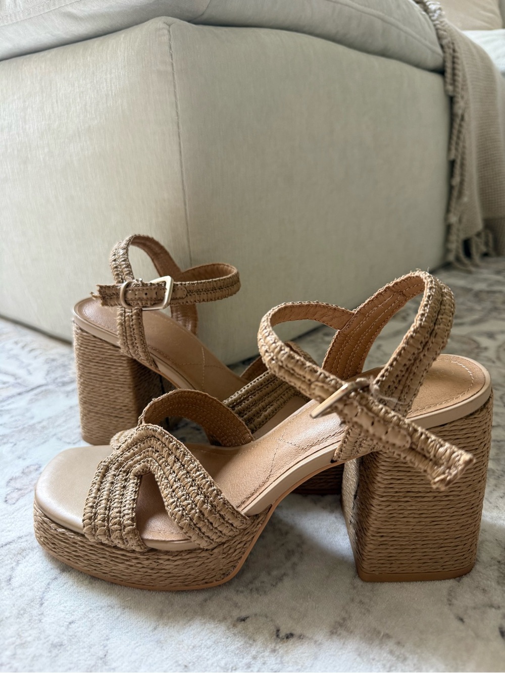Woven Tan Platform Block Heel Sandals - Women